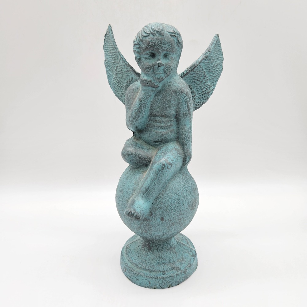 Cast Iron Angel Cherub Resting on Sphere Metal Statue Figure Indoor Outdoor 9"